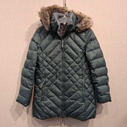 Long Down hooded jacket, womens